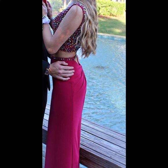 Sherri Hill Two Piece Ruby Red Prom Dress - Picture 3 of 9